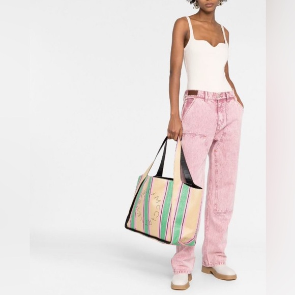 Stella McCartney Large Logo Striped Tote Bag Womens TanGreen Pink Black interior - Picture 15 of 15